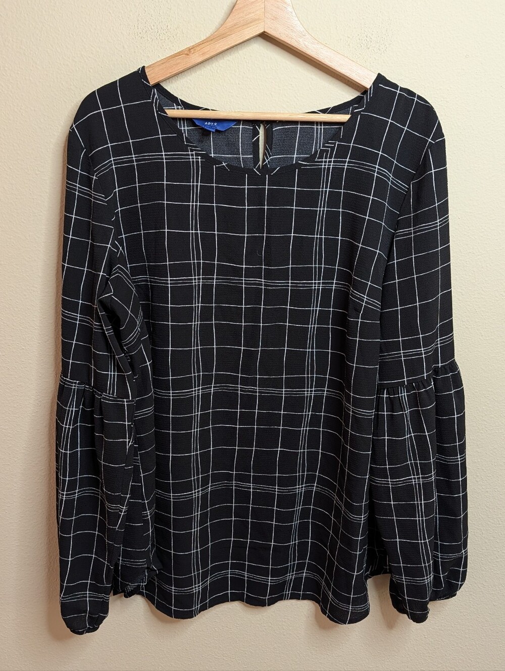 Apt. 9 Black White Windowpane Grid Print Bell Sleeve Blouse XXL